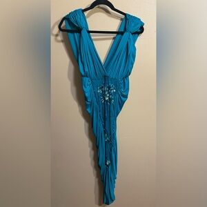 For David Howard Katherine Kelly Teal Beaded Cocktail Dress Grecian Drape Size 8